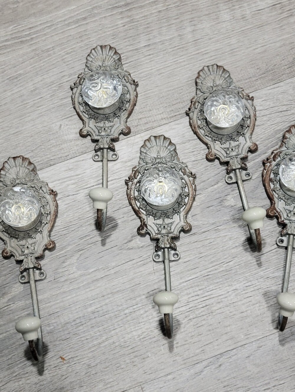 Boho Chabby Chic Home Decor Wall Hooks Set of 5 Metal Glass 8"